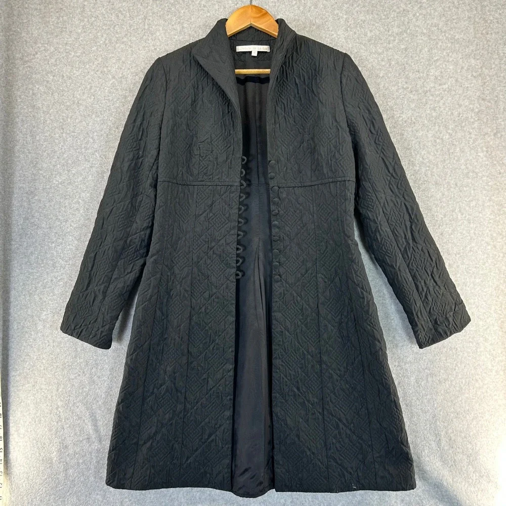 Christie‎ de la Rue Black Quilted Button Front Midi Coat Womens Size 2